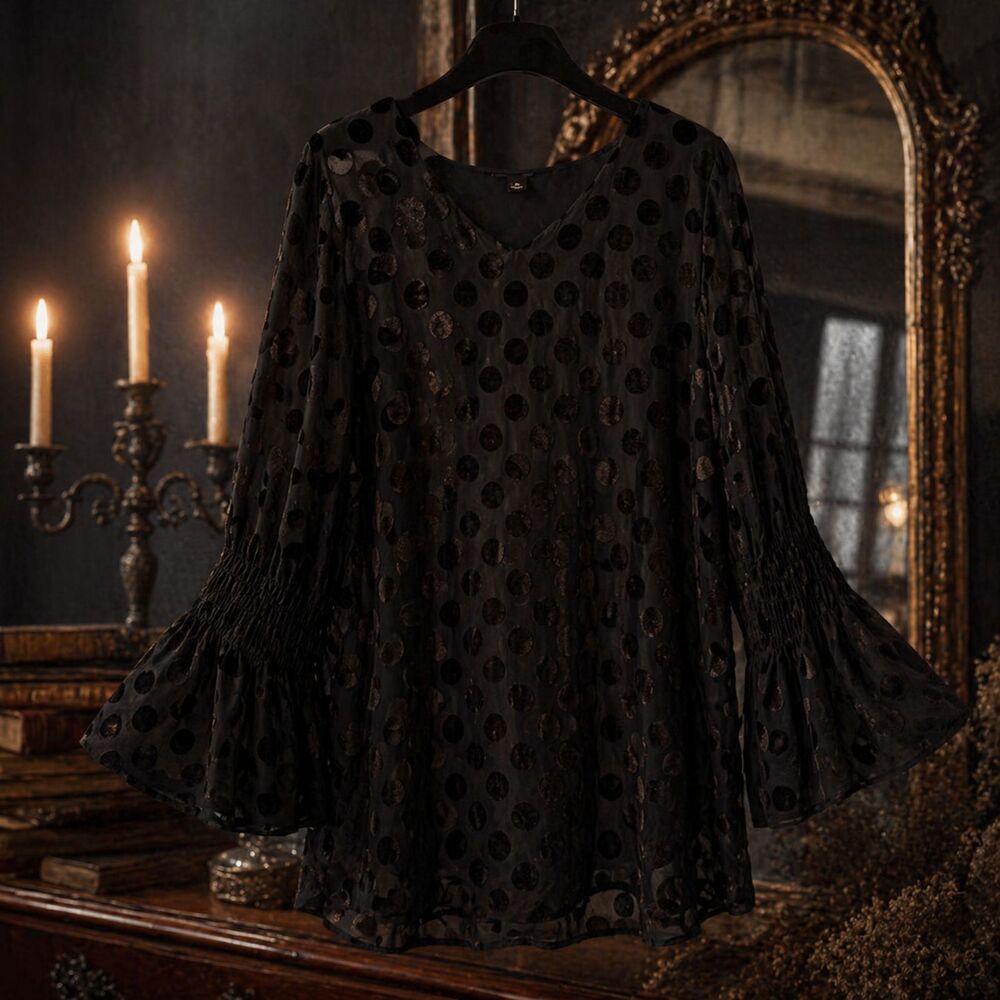 Black Sheer Polka Dot Bell Sleeve Top Dark Academia Romantic Goth XL Alfani